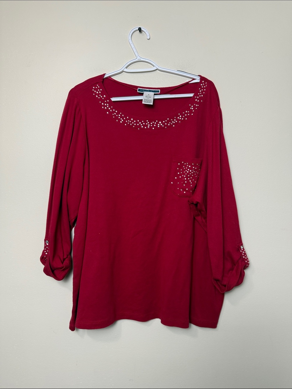 Karen Scott Red Long-Sleeve Top with Rhinestone Accents size 3x